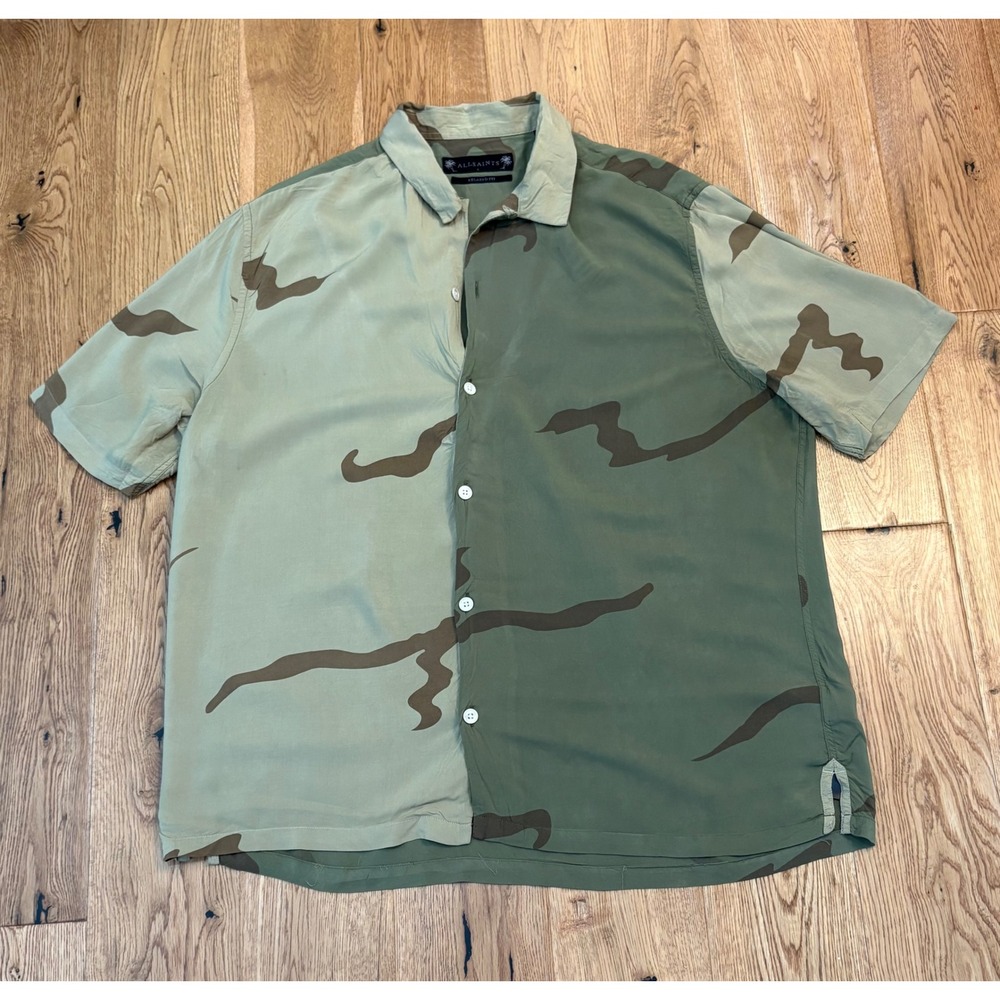 AllSaints Large Relaxed Fit Abstract Camo Short Sleeve Button Shirt Viscose